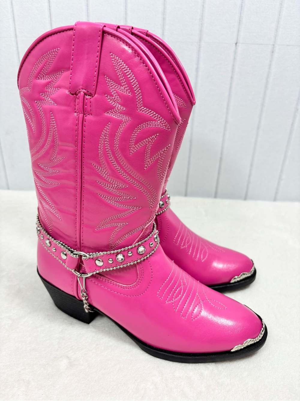 Austin Trading Co. Bright Pink Western Cowboy Boots  Silver Studded Harness 5